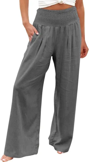 Plus Size Cotton Linen Pants for Women Casual Elastic High Waist Wide Leg Pants 2025 Summer Fashion Trousers with Pockets