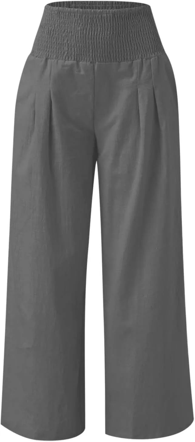 Plus Size Cotton Linen Pants for Women Casual Elastic High Waist Wide Leg Pants 2025 Summer Fashion Trousers with Pockets