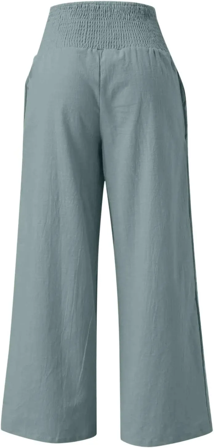 Plus Size Cotton Linen Pants for Women Casual Elastic High Waist Wide Leg Pants 2025 Summer Fashion Trousers with Pockets