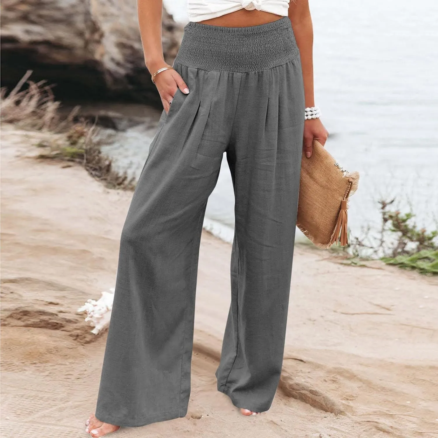 Plus Size Cotton Linen Pants for Women Casual Elastic High Waist Wide Leg Pants 2025 Summer Fashion Trousers with Pockets