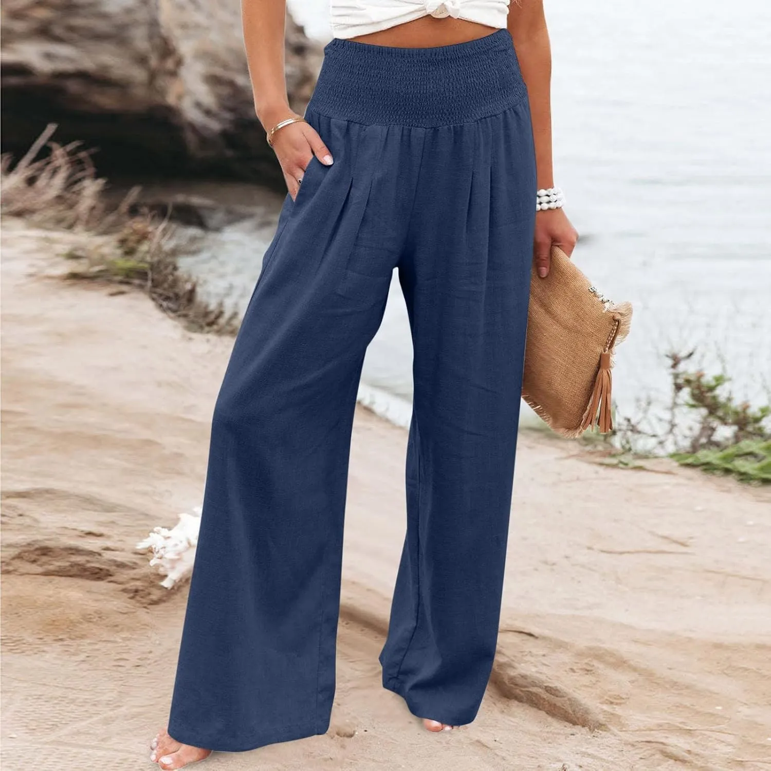 Plus Size Cotton Linen Pants for Women Casual Elastic High Waist Wide Leg Pants 2025 Summer Fashion Trousers with Pockets