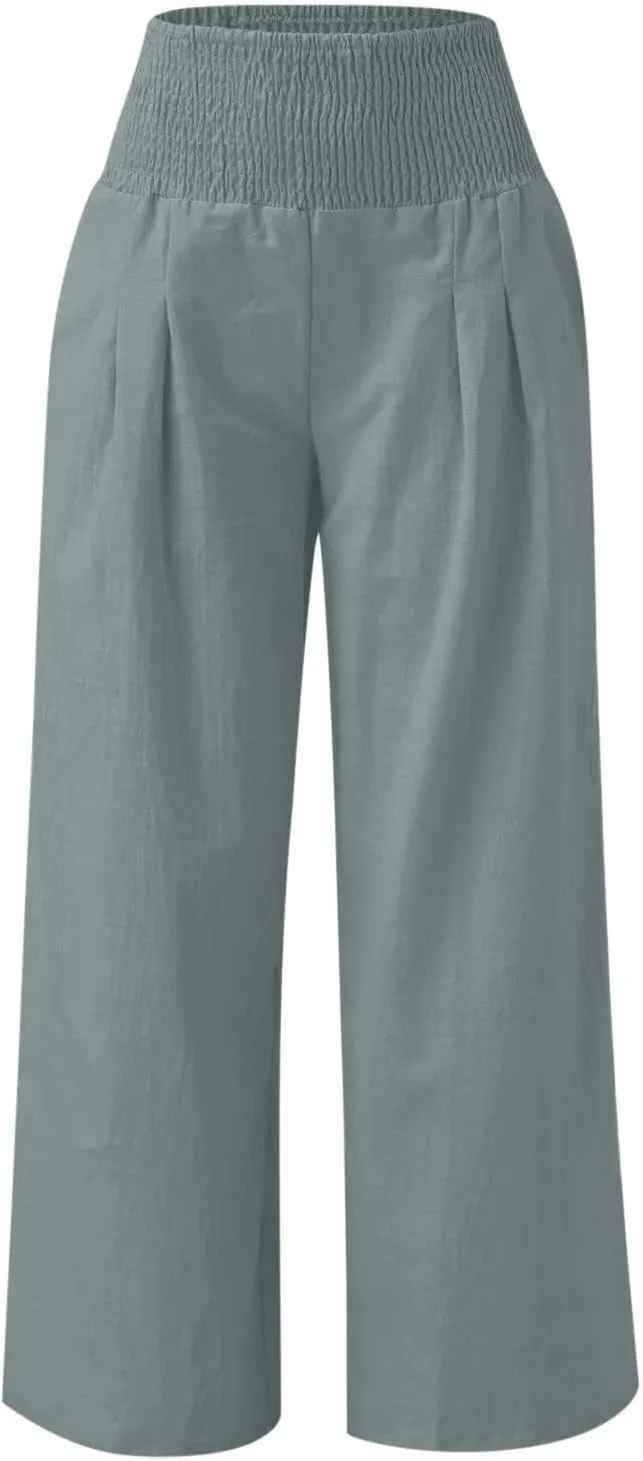 Plus Size Cotton Linen Pants for Women Casual Elastic High Waist Wide Leg Pants 2025 Summer Fashion Trousers with Pockets