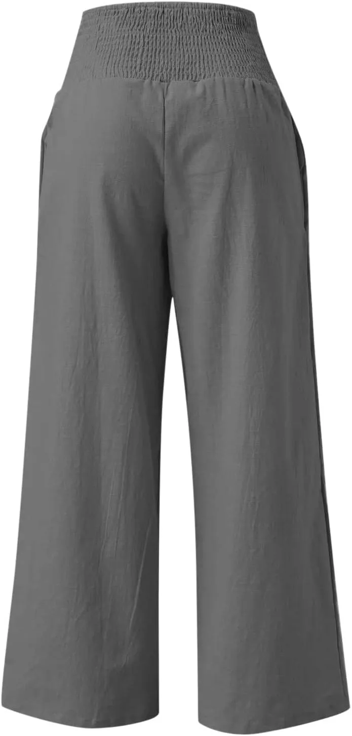 Plus Size Cotton Linen Pants for Women Casual Elastic High Waist Wide Leg Pants 2025 Summer Fashion Trousers with Pockets