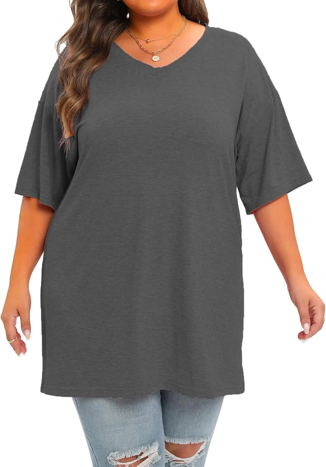 Plus Size Oversized T Shirts Women V Neck Half Sleeve Drop Shoulder Tshirt Casual Summer Tunic Tops