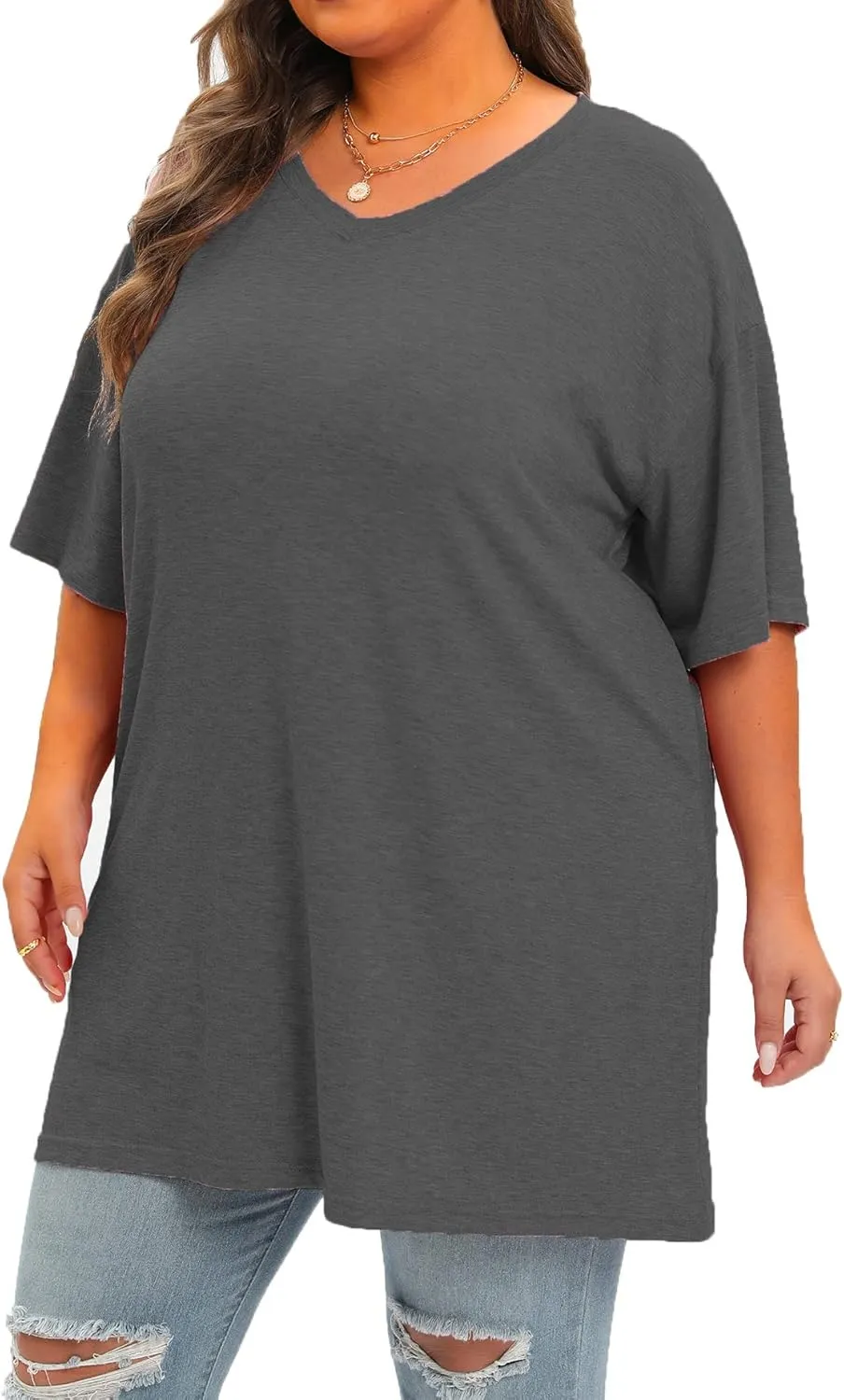 Plus Size Oversized T Shirts Women V Neck Half Sleeve Drop Shoulder Tshirt Casual Summer Tunic Tops