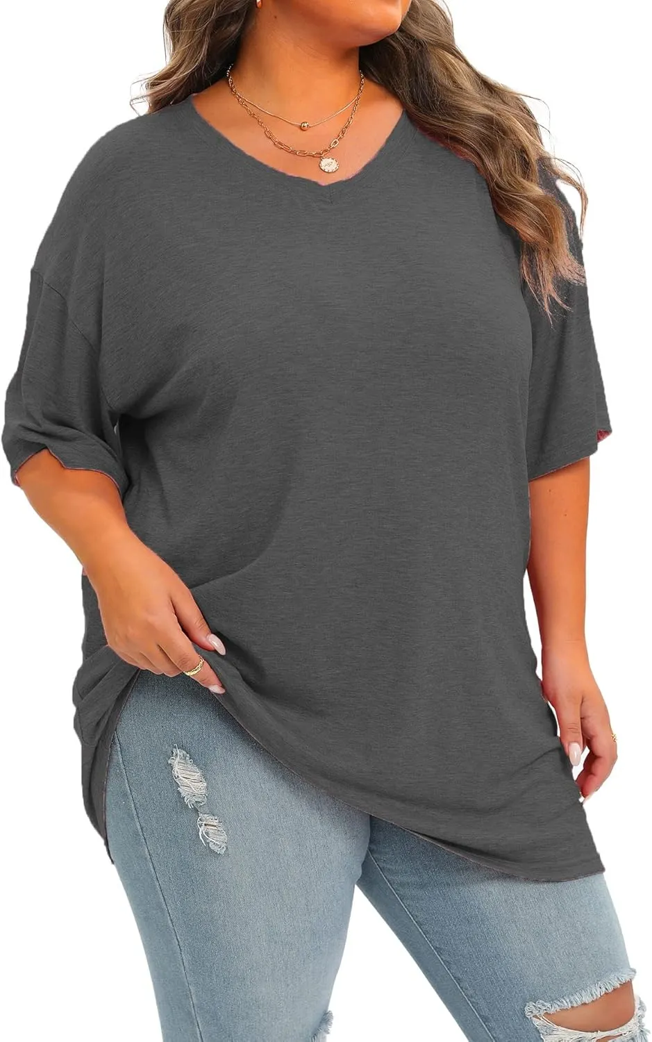 Plus Size Oversized T Shirts Women V Neck Half Sleeve Drop Shoulder Tshirt Casual Summer Tunic Tops