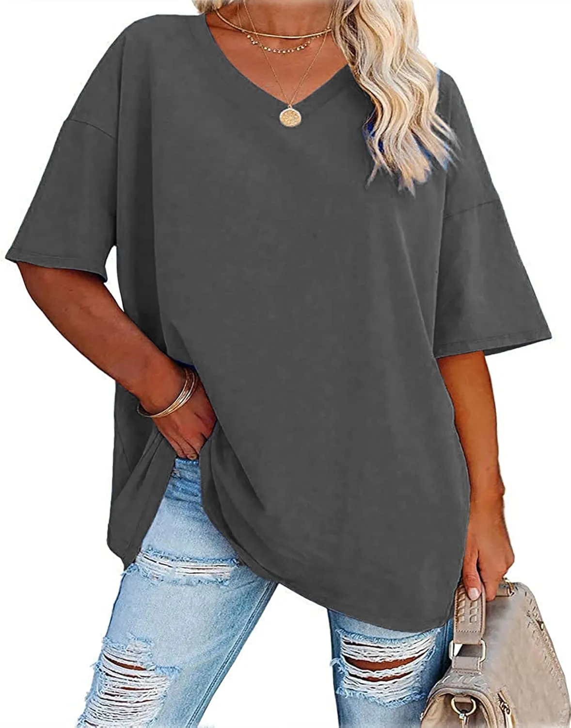 Plus Size Oversized T Shirts Women V Neck Half Sleeve Drop Shoulder Tshirt Casual Summer Tunic Tops