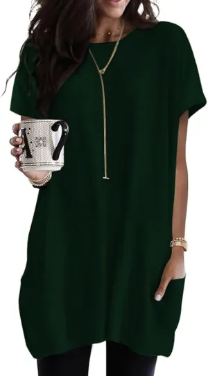 Poetsky Summer Womens Tunic Tops for Leggings with Pockets Short Sleeve Casual Long T Shirts