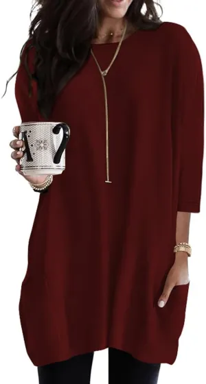 Poetsky Womens 3/4 Sleeve Tunics or Tops to Wear with Leggings Long Shirts Tops with Pockets