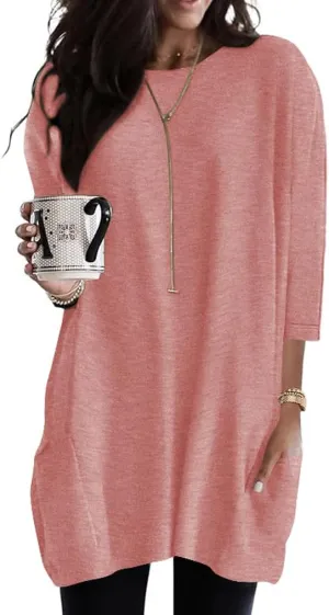 Poetsky Womens 3/4 Sleeve Tunics or Tops to Wear with Leggings Long Shirts Tops with Pockets