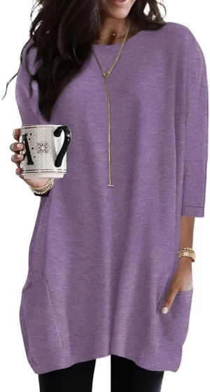 Poetsky Womens 3/4 Sleeve Tunics or Tops to Wear with Leggings Long Shirts Tops with Pockets
