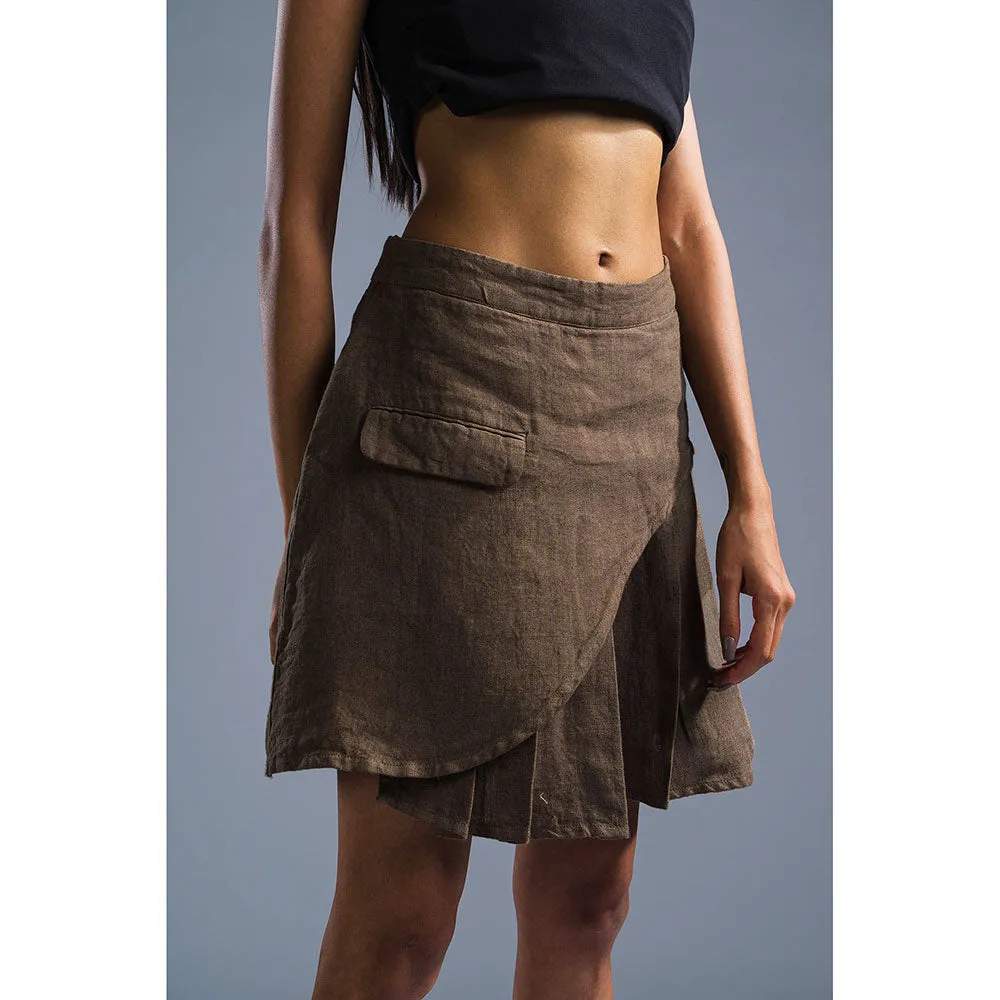 PRIMAL GRAY Brown Organic Linen Pleated Skirt