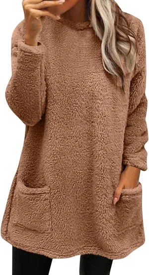 Pullover Hoodie Winter Fleece Thermal Long Hoodie with Pockets Crew Neck Long Sleeve Solid Soft Oversized Sweatshirt