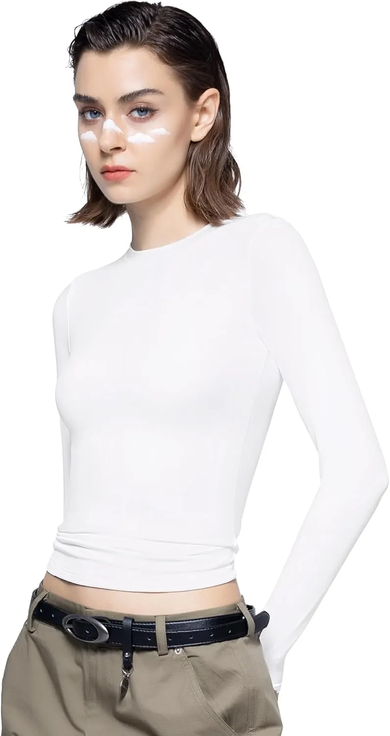 PUMIEY Women's Long Sleeve T Shirts Crew Neck Slim Fit Tops Sexy Basic Tee Smoke Cloud Pro Collection