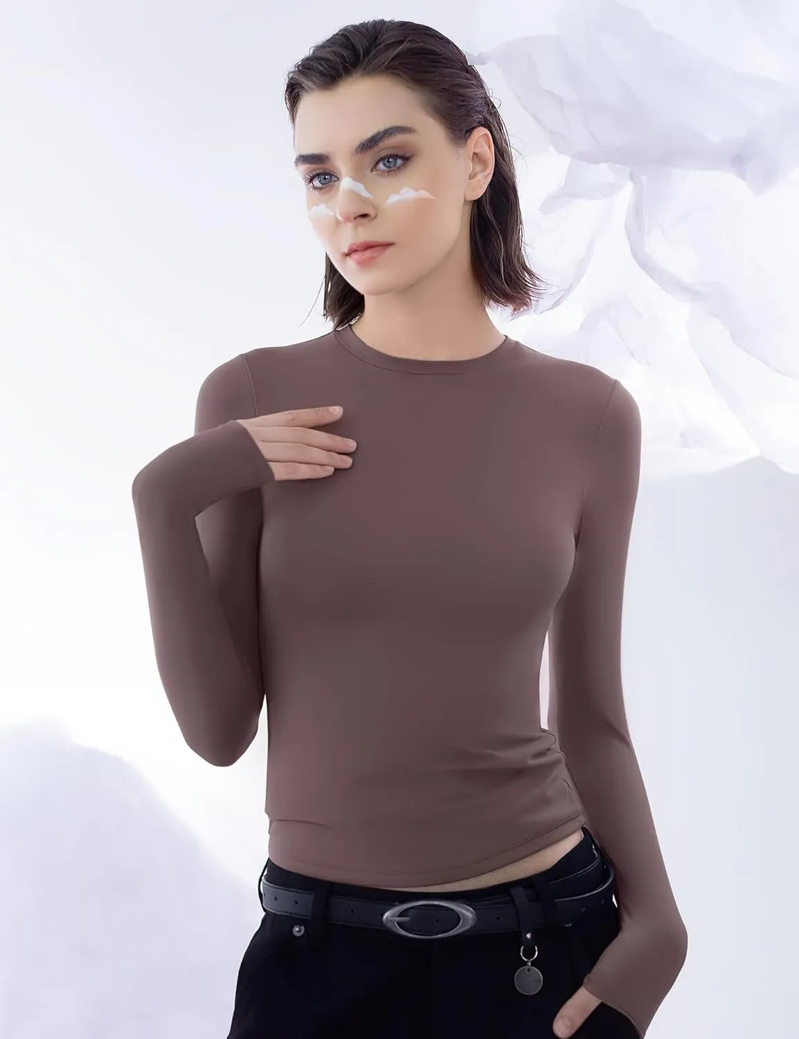 PUMIEY Women's Long Sleeve T Shirts Crew Neck Slim Fit Tops Sexy Basic Tee Smoke Cloud Pro Collection