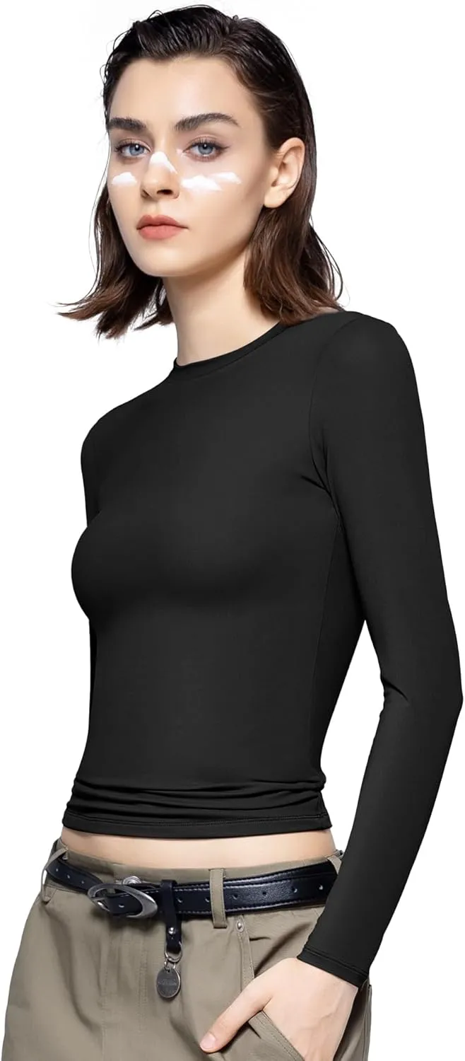 PUMIEY Women's Long Sleeve T Shirts Crew Neck Slim Fit Tops Sexy Basic Tee Smoke Cloud Pro Collection