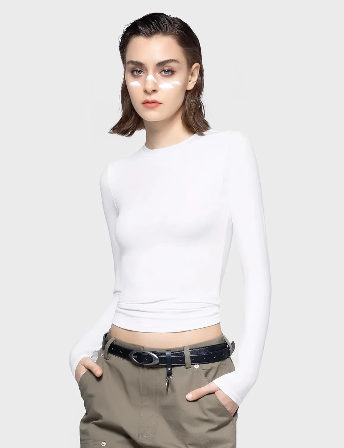 PUMIEY Women's Long Sleeve T Shirts Crew Neck Slim Fit Tops Sexy Basic Tee Smoke Cloud Pro Collection