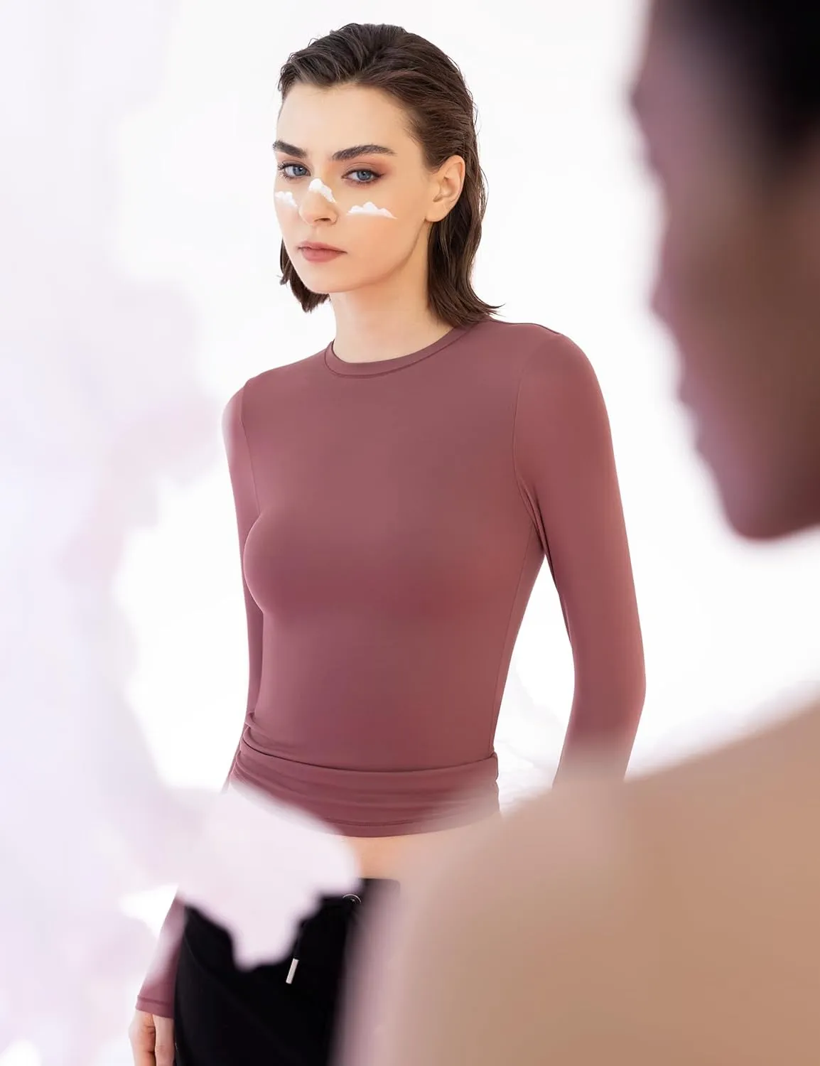 PUMIEY Women's Long Sleeve T Shirts Crew Neck Slim Fit Tops Sexy Basic Tee Smoke Cloud Pro Collection