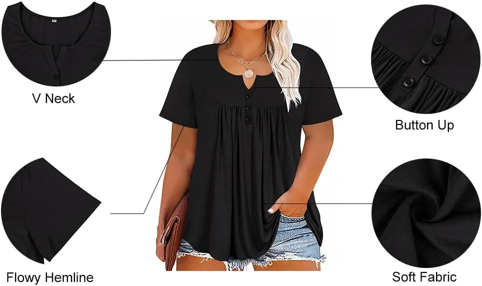 RITERA Womens Plus Size Casual Tops V Round Neck Tshirts Blouse for Women Girls Basic Summer Black Tops Solid Color XL 5XL