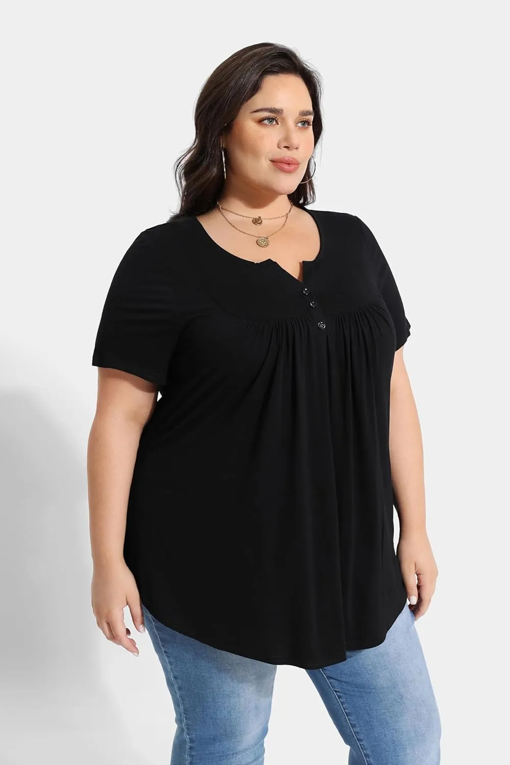 RITERA Womens Plus Size Casual Tops V Round Neck Tshirts Blouse for Women Girls Basic Summer Black Tops Solid Color XL 5XL