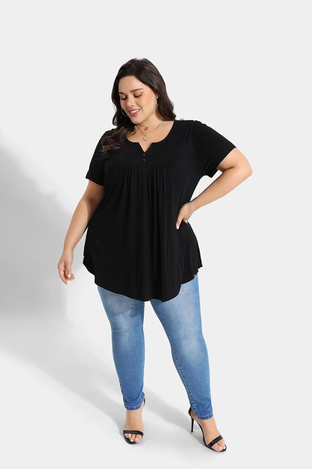 RITERA Womens Plus Size Casual Tops V Round Neck Tshirts Blouse for Women Girls Basic Summer Black Tops Solid Color XL 5XL