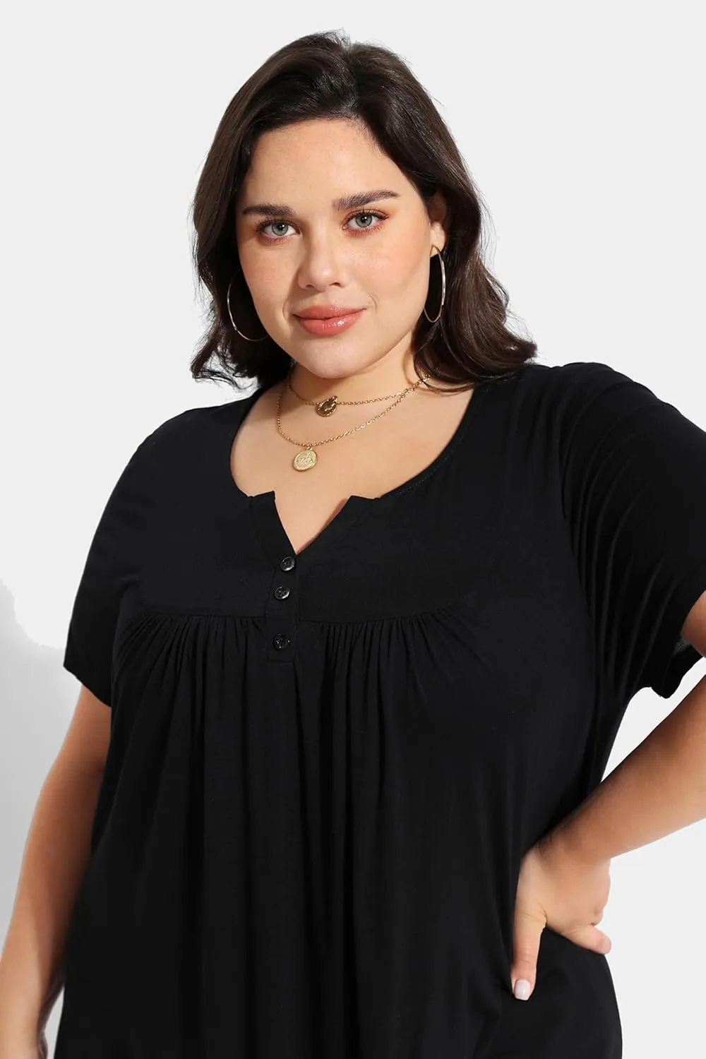RITERA Womens Plus Size Casual Tops V Round Neck Tshirts Blouse for Women Girls Basic Summer Black Tops Solid Color XL 5XL