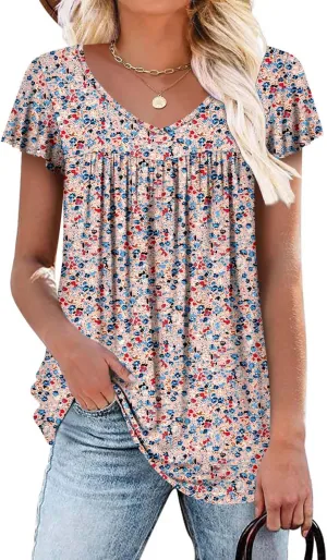 ROSELINLIN Womens Ruffle Sleeve Tunic Tops V Neck Loose Fit Short Sleeve Summer Shirts