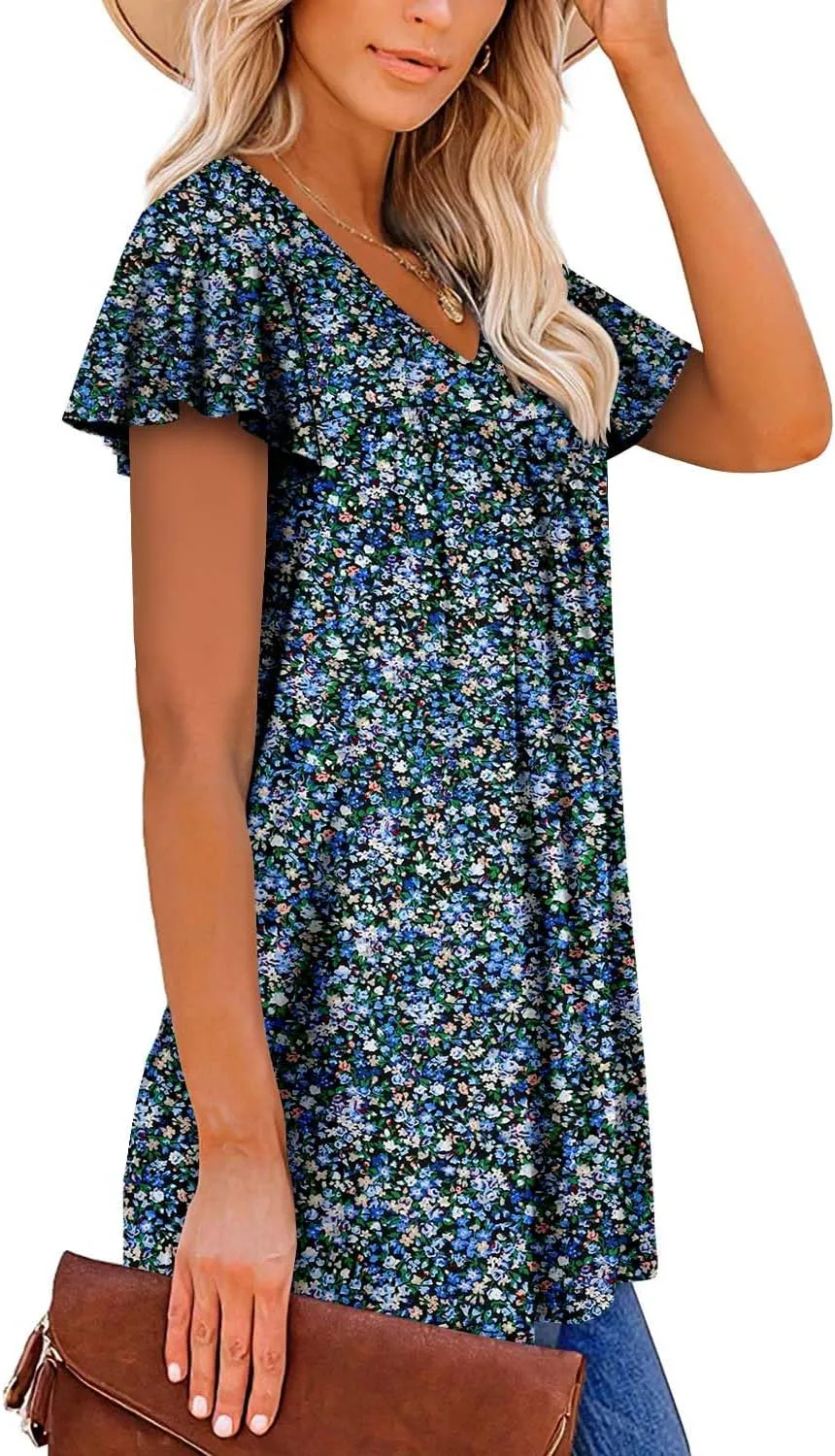 ROSELINLIN Womens Ruffle Sleeve Tunic Tops V Neck Loose Fit Short Sleeve Summer Shirts