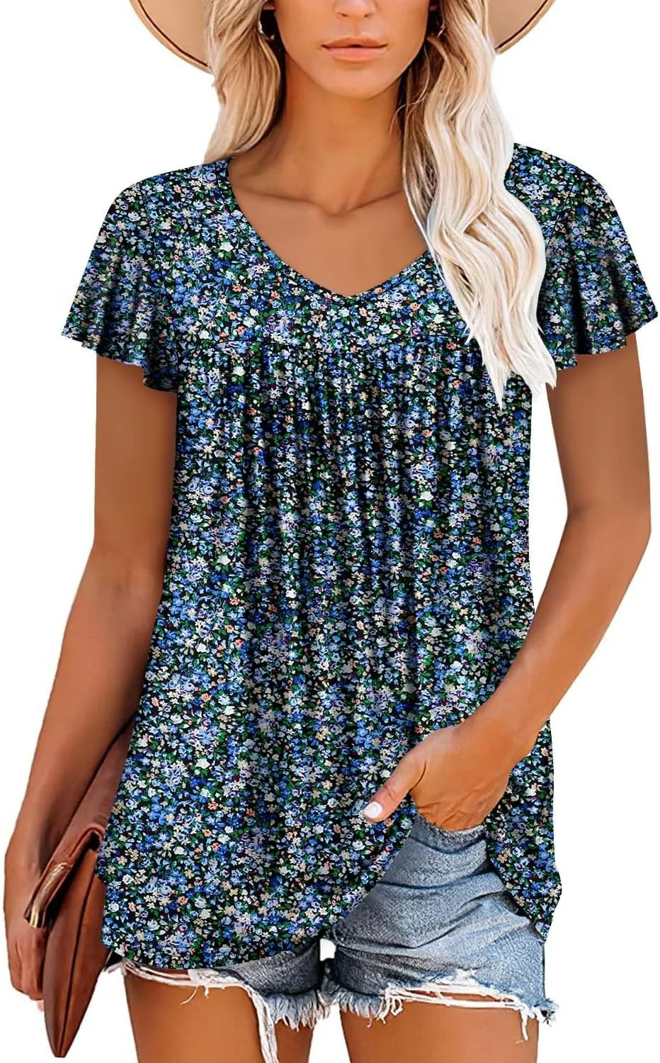 ROSELINLIN Womens Ruffle Sleeve Tunic Tops V Neck Loose Fit Short Sleeve Summer Shirts