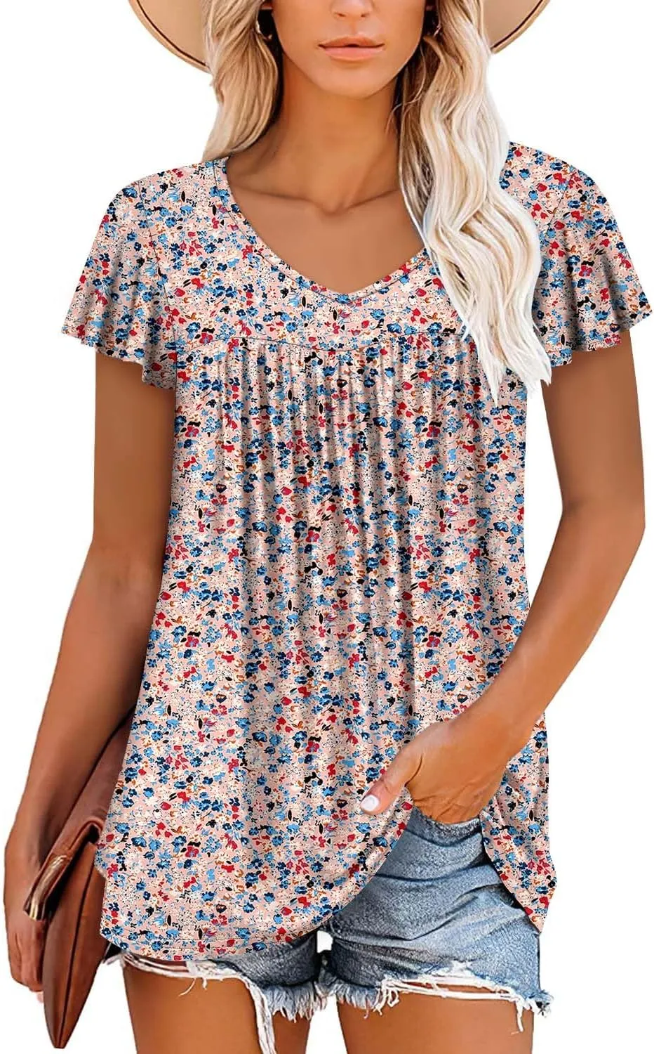 ROSELINLIN Womens Ruffle Sleeve Tunic Tops V Neck Loose Fit Short Sleeve Summer Shirts