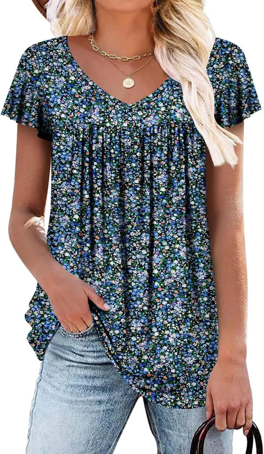 ROSELINLIN Womens Ruffle Sleeve Tunic Tops V Neck Loose Fit Short Sleeve Summer Shirts