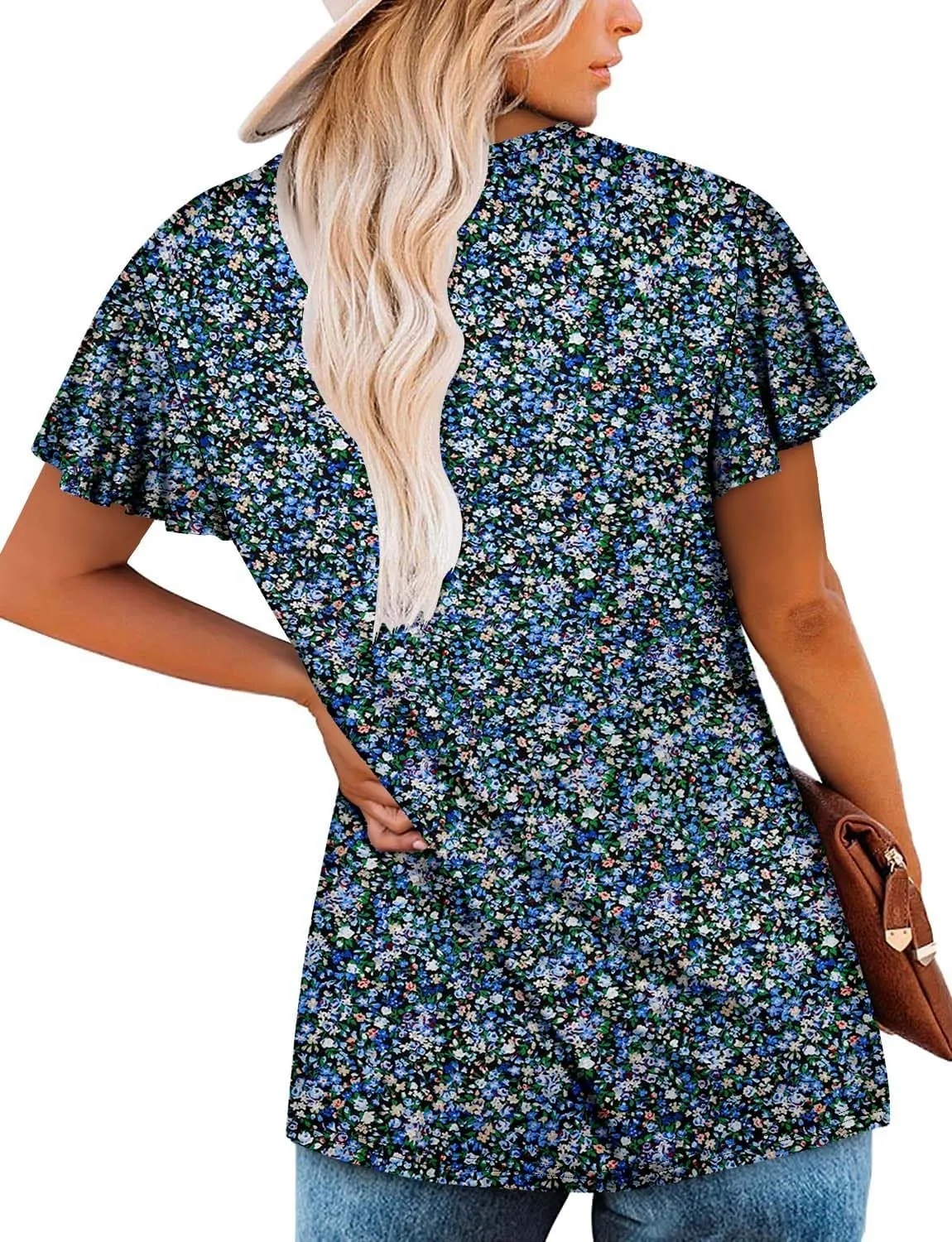ROSELINLIN Womens Ruffle Sleeve Tunic Tops V Neck Loose Fit Short Sleeve Summer Shirts