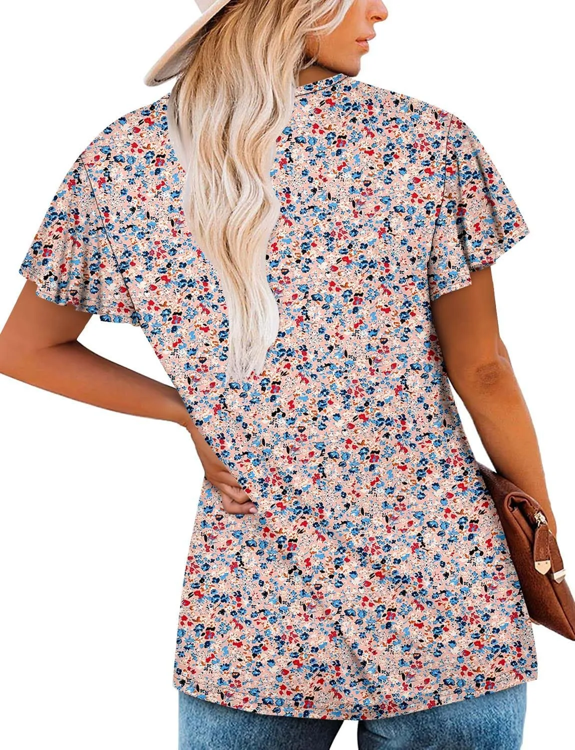 ROSELINLIN Womens Ruffle Sleeve Tunic Tops V Neck Loose Fit Short Sleeve Summer Shirts