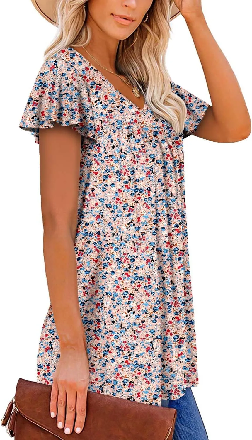 ROSELINLIN Womens Ruffle Sleeve Tunic Tops V Neck Loose Fit Short Sleeve Summer Shirts