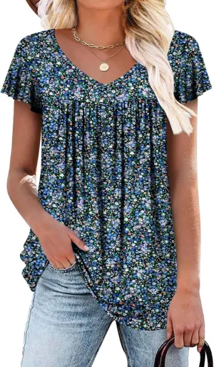 ROSELINLIN Womens Ruffle Sleeve Tunic Tops V Neck Loose Fit Short Sleeve Summer Shirts