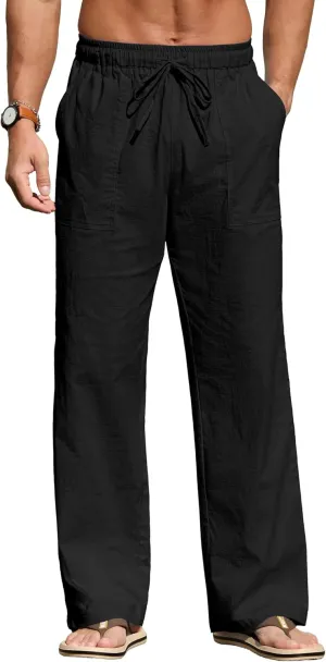 Sailwind Men's Casual Linen Pants Beach Summer Elastic Waist Drawstring Pants Lightweight Linen Trousers
