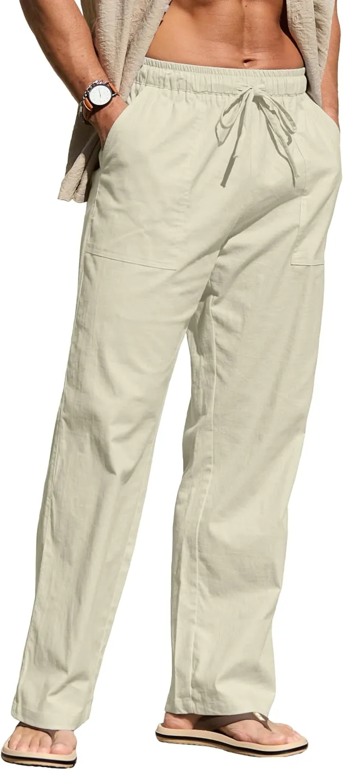 Sailwind Men's Casual Linen Pants Beach Summer Elastic Waist Drawstring Pants Lightweight Linen Trousers
