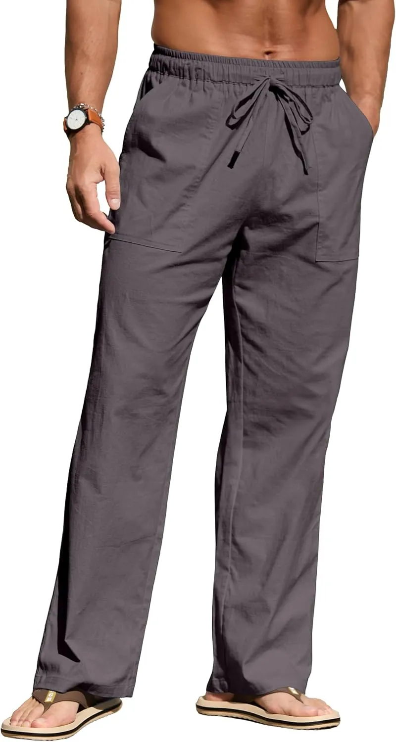 Sailwind Men's Casual Linen Pants Beach Summer Elastic Waist Drawstring Pants Lightweight Linen Trousers