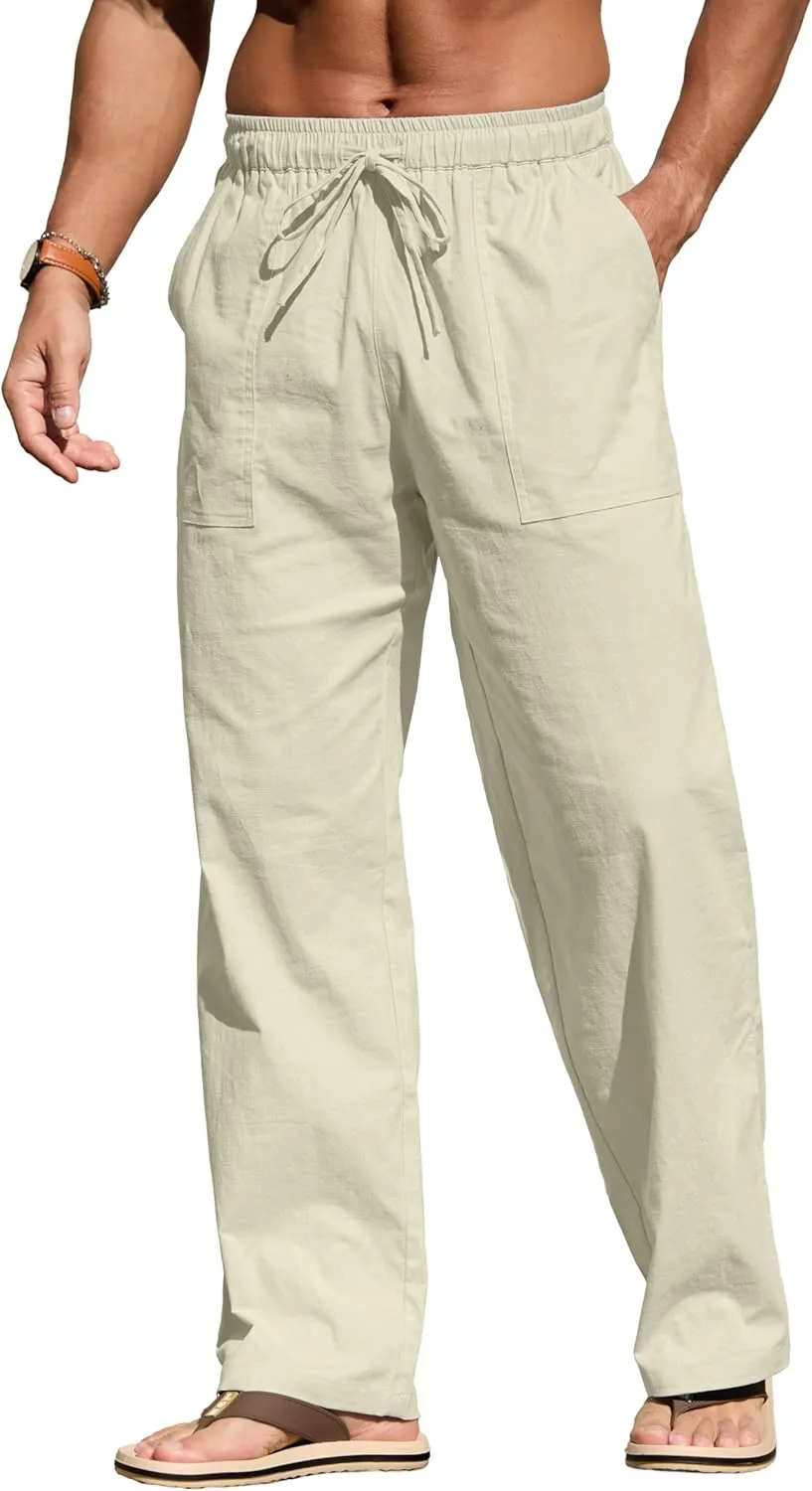 Sailwind Men's Casual Linen Pants Beach Summer Elastic Waist Drawstring Pants Lightweight Linen Trousers