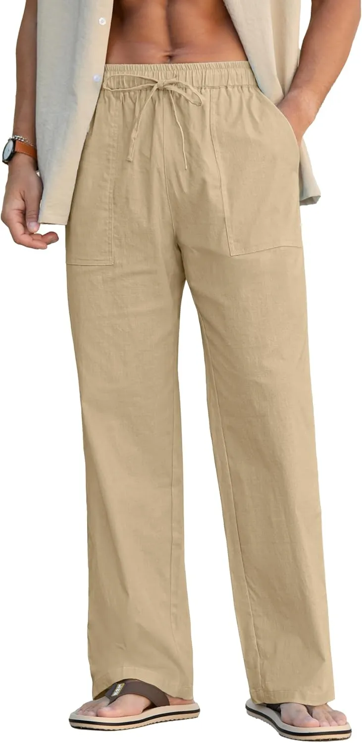 Sailwind Men's Casual Linen Pants Beach Summer Elastic Waist Drawstring Pants Lightweight Linen Trousers