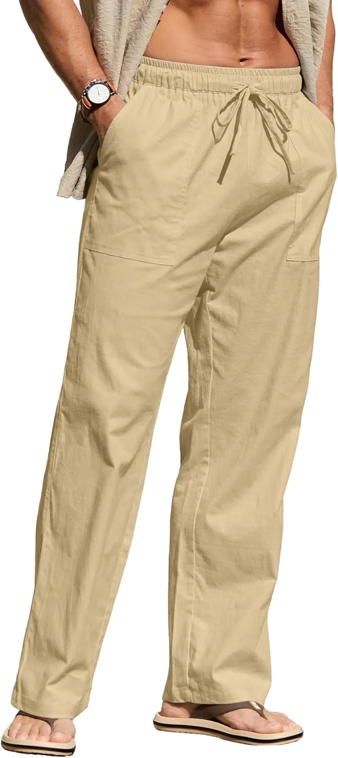 Sailwind Men's Casual Linen Pants Beach Summer Elastic Waist Drawstring Pants Lightweight Linen Trousers