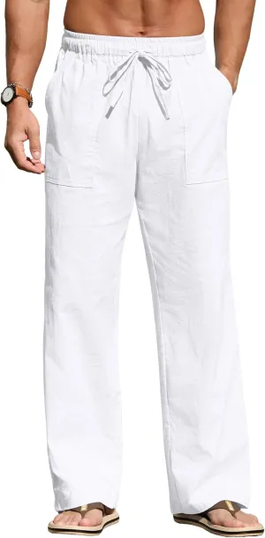 Sailwind Men's Casual Linen Pants Beach Summer Elastic Waist Drawstring Pants Lightweight Linen Trousers