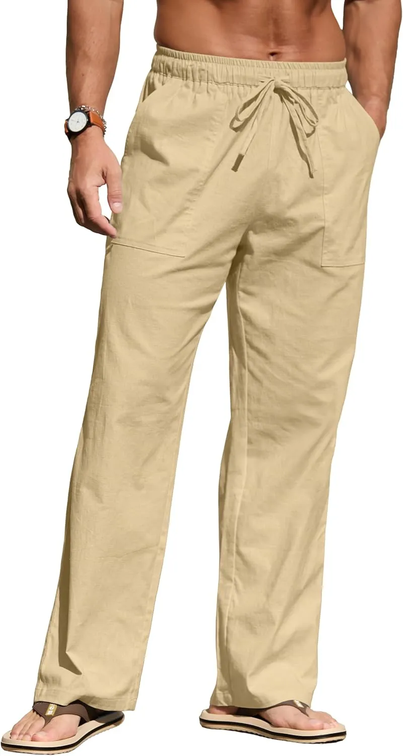 Sailwind Men's Casual Linen Pants Beach Summer Elastic Waist Drawstring Pants Lightweight Linen Trousers