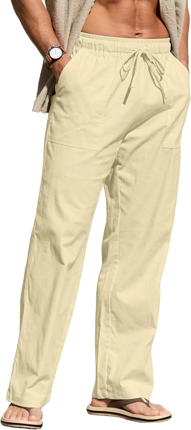 Sailwind Men's Casual Linen Pants Beach Summer Elastic Waist Drawstring Pants Lightweight Linen Trousers