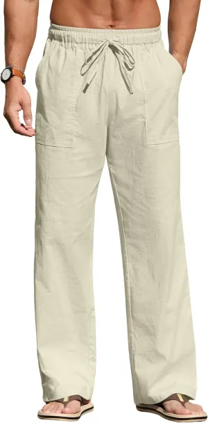 Sailwind Men's Casual Linen Pants Beach Summer Elastic Waist Drawstring Pants Lightweight Linen Trousers