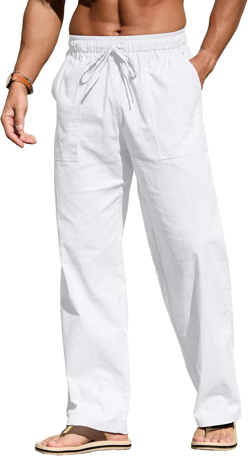 Sailwind Men's Casual Linen Pants Beach Summer Elastic Waist Drawstring Pants Lightweight Linen Trousers