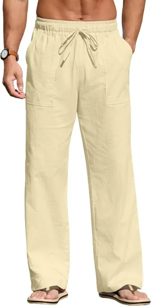 Sailwind Men's Casual Linen Pants Beach Summer Elastic Waist Drawstring Pants Lightweight Linen Trousers