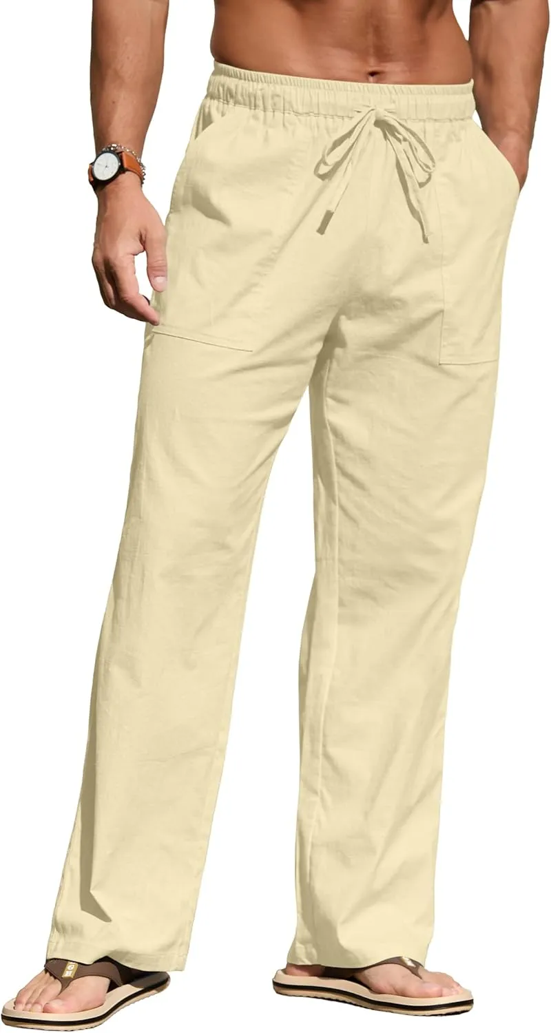 Sailwind Men's Casual Linen Pants Beach Summer Elastic Waist Drawstring Pants Lightweight Linen Trousers