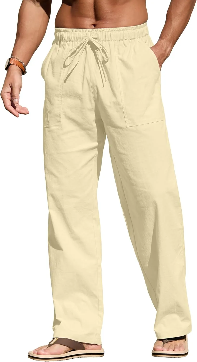 Sailwind Men's Casual Linen Pants Beach Summer Elastic Waist Drawstring Pants Lightweight Linen Trousers