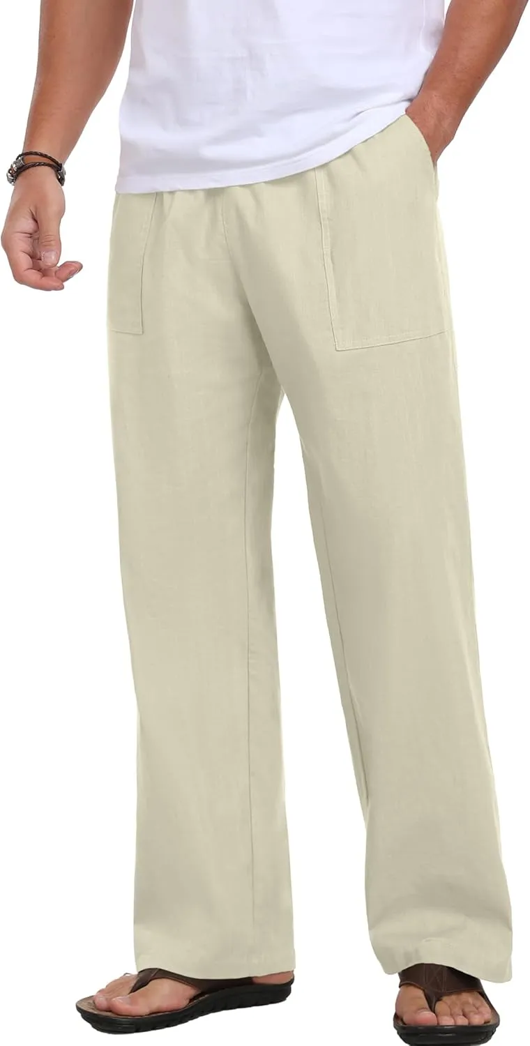 Sailwind Men's Casual Linen Pants Beach Summer Elastic Waist Drawstring Pants Lightweight Linen Trousers